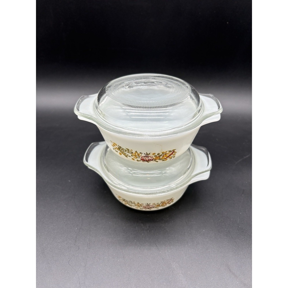 Fire-King #472 Vintage Harvest Vegetable Milk Glass‎ Casserole Bowls w/Lids Pair - Picture 2 of 13